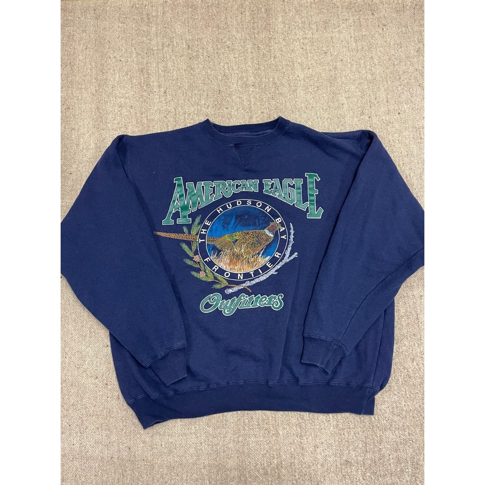 Vintage Graphic Hudson Bay Sweatshirt Men Large Blue 1990s American Eagle‎